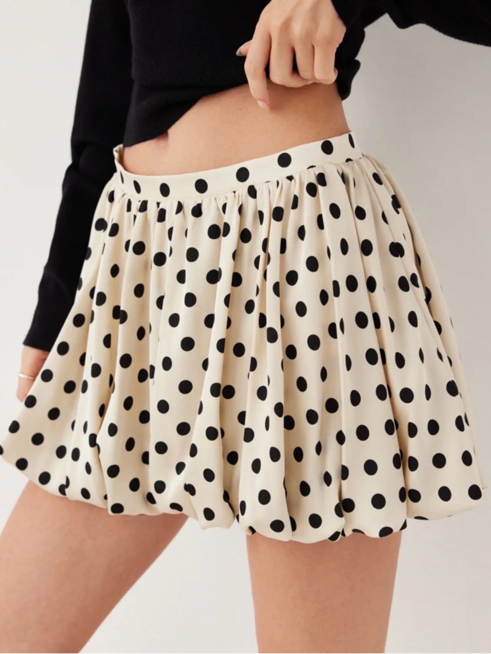Cider Cream Polka Dot Bubble Mini Skirt with Black Dots with zip on side
